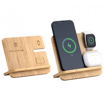 POW-7323 - 3’ü 1 Arada Bambu Kablosuz Şarj Standı
