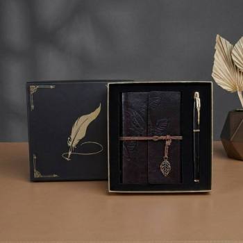 VIP-62240 - Kutulu Deri Defter ve Metal Roller Kalem Seti - Yaprak Desenli - Baskıya Uygun