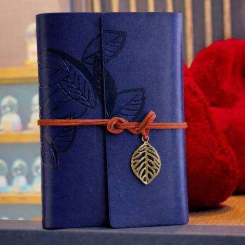 -1766574361403 - Lacivert Yaprak Desenli Deri Defter