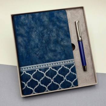 VIP-61330 - Mavi Termo Deri Defter Ve Metal Roller Kalem Seti