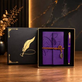 VIP-62239 - Mor Yaprak Desenli Deri Defter - Roller Metal Kalem - Özel Hediye Seti