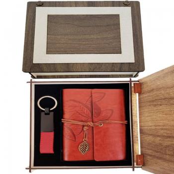 -24242449362 - Özel Ahşap Kutulu Kiremit Rengi Deri Defter ve Anahtarlık Set