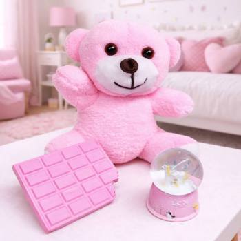 VIP-61398 - Pembe Peluş Ayıcık, Kar Küresi Ve Pembe Çikolata Not Defteri Hediye Seti