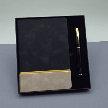 VIP-61326 - Siyah Gold Detaylı Termo Deri Defter Ve Metal Roller Kalem Hediye Seti