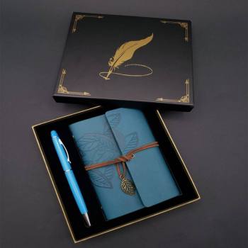 -24242450094 - Siyah Kutulu Yaprak Desenli Mavi Deri Defter Ve Kalem Seti