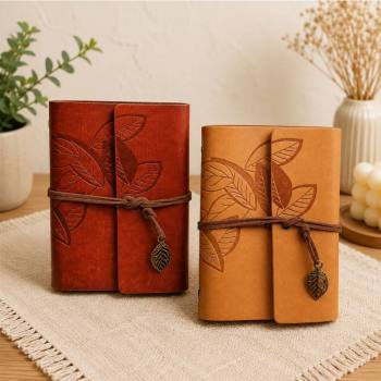 -1766574362180 - Yaprak Desenli Retro Deri Defter - Vintage Ajanda